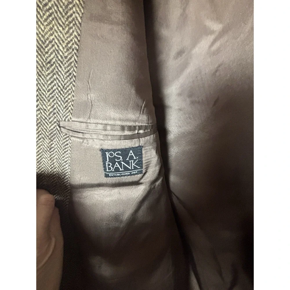 Harris Tweed Jos A Bank Brown Herringbone Blazer Men's 44L Wool Leather Buttons*